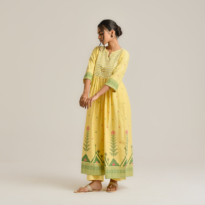 Mango Yellow Linen Cotton Jamdani Printed Kurta with Embroidery