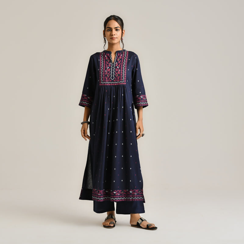 Navy Linen Cotton Jamdani Printed Kurta Set with Side Slit