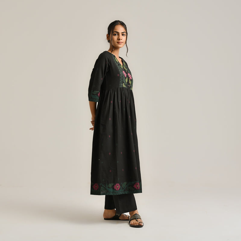 Black Linen Cotton Jamdani Inspired Kurta Set