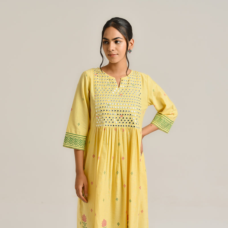 Mango Yellow Linen Cotton Jamdani Printed Kurta with Embroidery