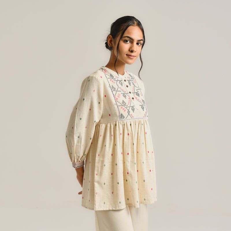 Off White Linen Cotton Jamdani Printed Tunic