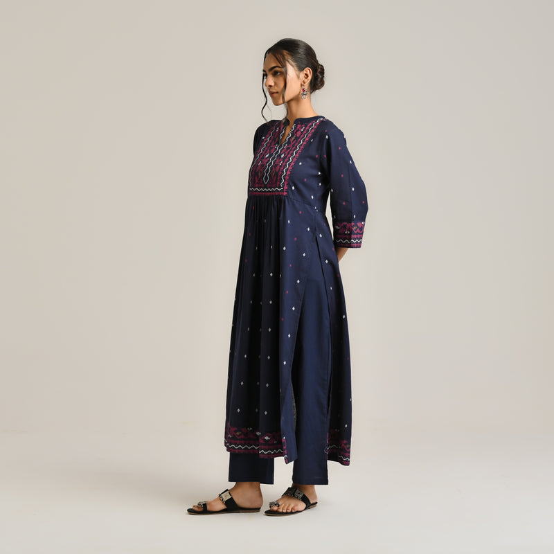 Navy Linen Cotton Jamdani Printed Kurta Set with Side Slit