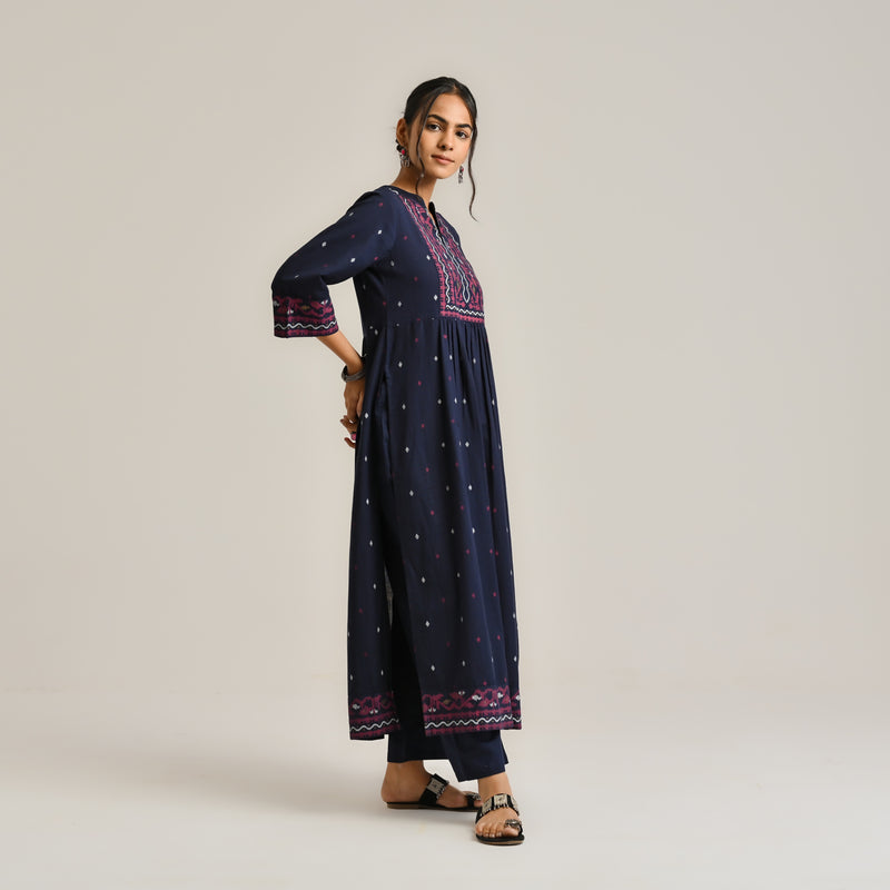 Navy Linen Cotton Jamdani Printed Kurta Set with Side Slit