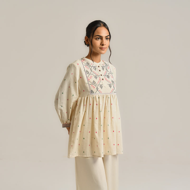 Off White Linen Cotton Jamdani Printed Tunic