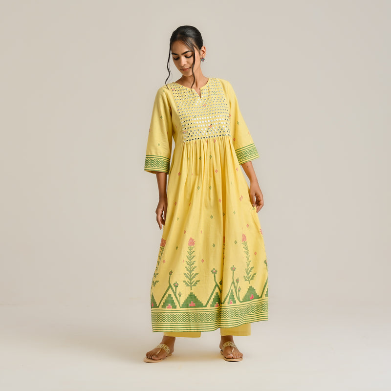 Mango Yellow Linen Cotton Jamdani Printed Kurta with Embroidery