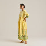 Mango Yellow Linen Cotton Jamdani Printed Kurta with Embroidery