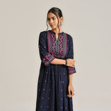 Navy Linen Cotton Jamdani Printed Kurta Set with Side Slit