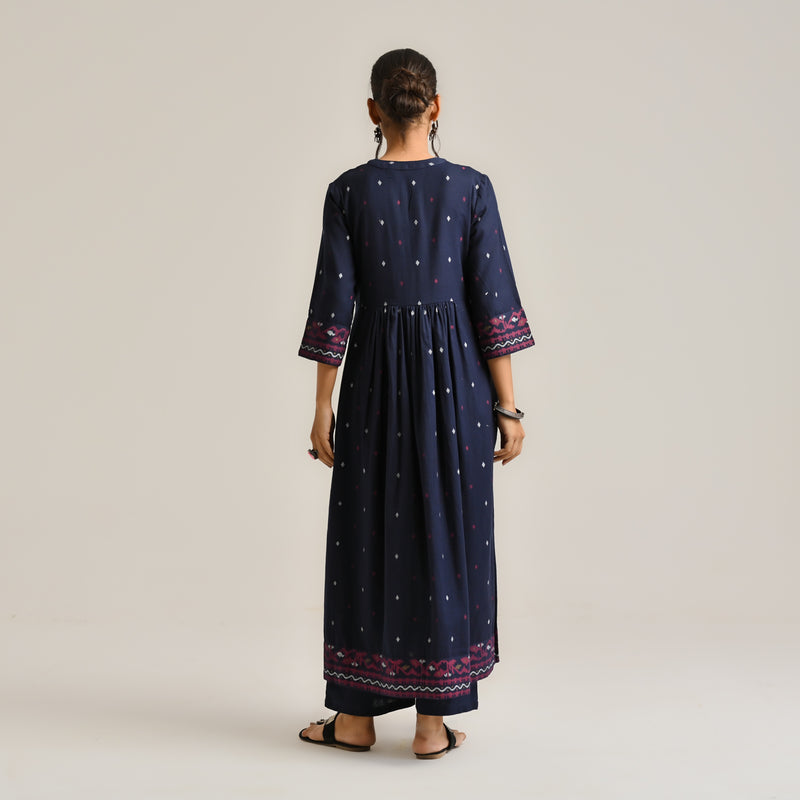 Navy Linen Cotton Jamdani Printed Kurta Set with Side Slit