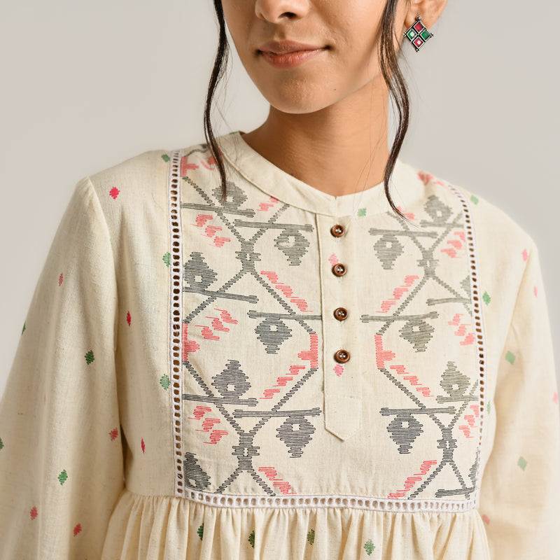 Off White Linen Cotton Jamdani Printed Tunic