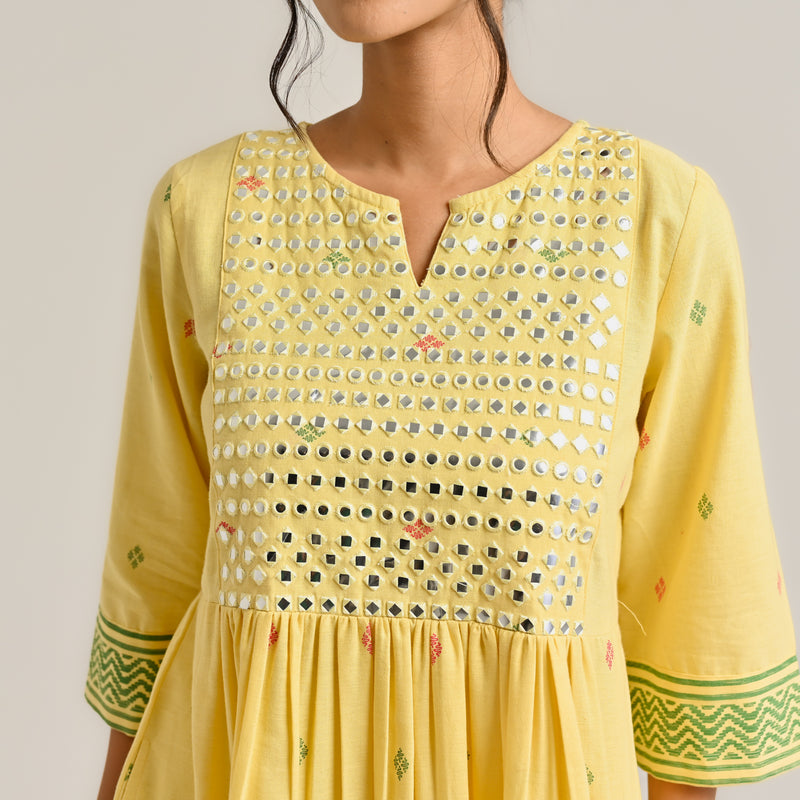 Mango Yellow Linen Cotton Jamdani Printed Kurta with Embroidery