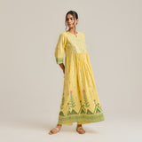 Mango Yellow Linen Cotton Jamdani Printed Kurta with Embroidery