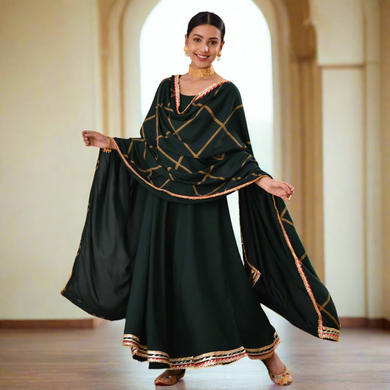 Emerald Green Long Kurta Dress with Gota Detailed Dupatta