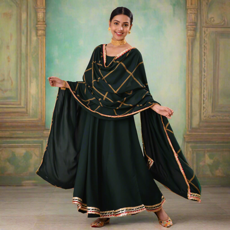 Emerald Green Long Kurta Dress with Gota Detailed Dupatta