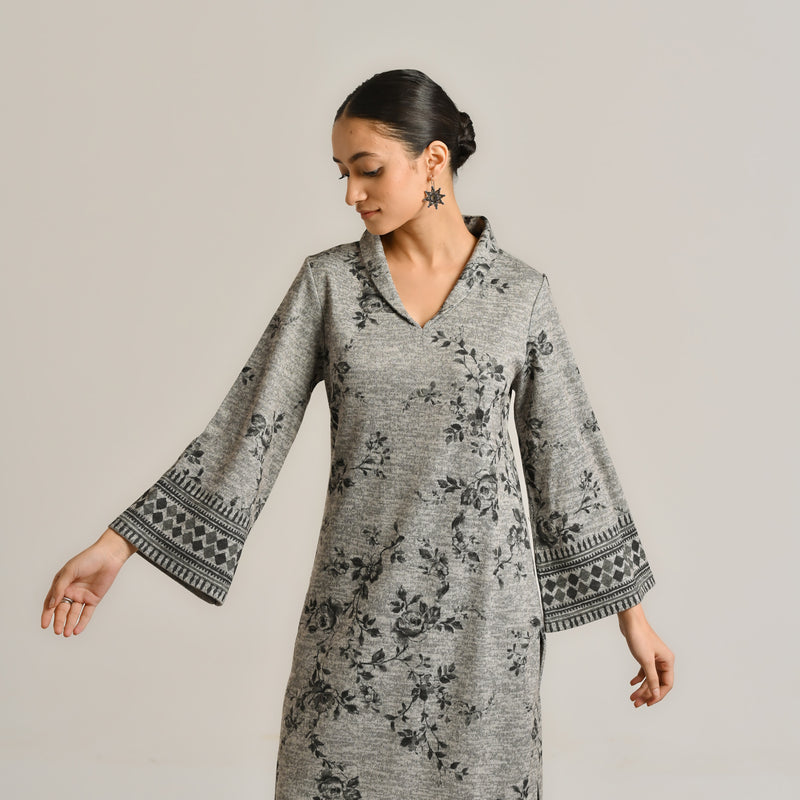 Grey Contemporary Woollen Kurta with Shawl Collar