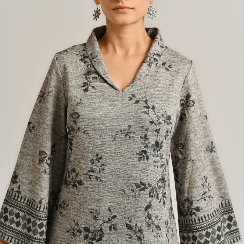 Grey Contemporary Woollen Kurta with Shawl Collar