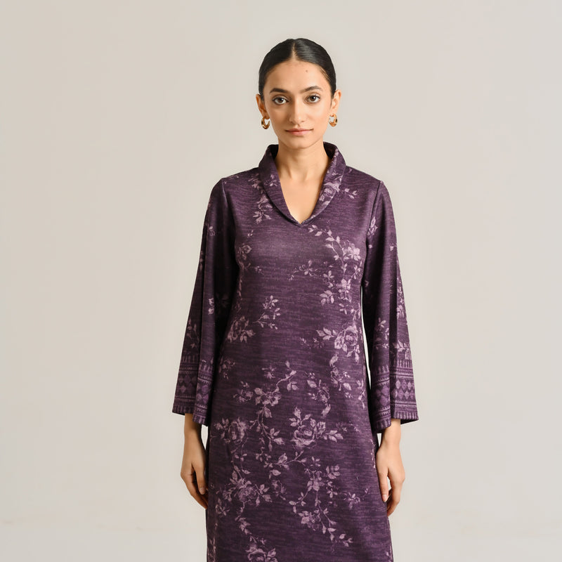 Violet Contemporary Woollen Kurta Set with Shawl Collar