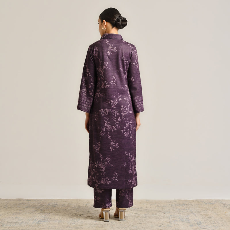 Violet Contemporary Woollen Kurta Set with Shawl Collar