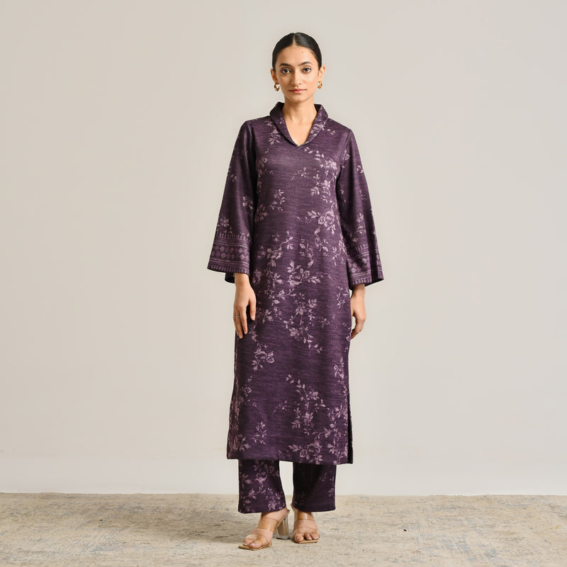 Violet Contemporary Woollen Kurta Set with Shawl Collar