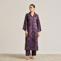 Violet Contemporary Woollen Kurta Set with Shawl Collar