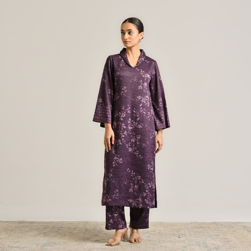 Violet Contemporary Woollen Kurta with Shawl Collar