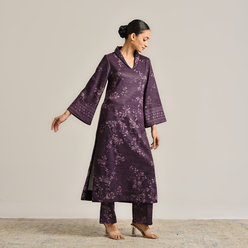 Violet Contemporary Woollen Kurta with Shawl Collar