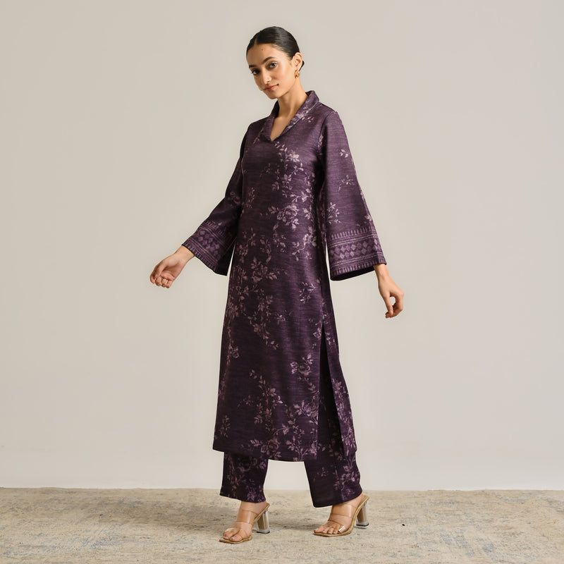 Violet Contemporary Woollen Kurta Set with Shawl Collar