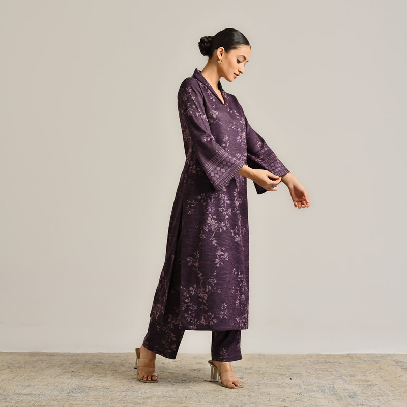 Violet Contemporary Woollen Kurta Set with Shawl Collar