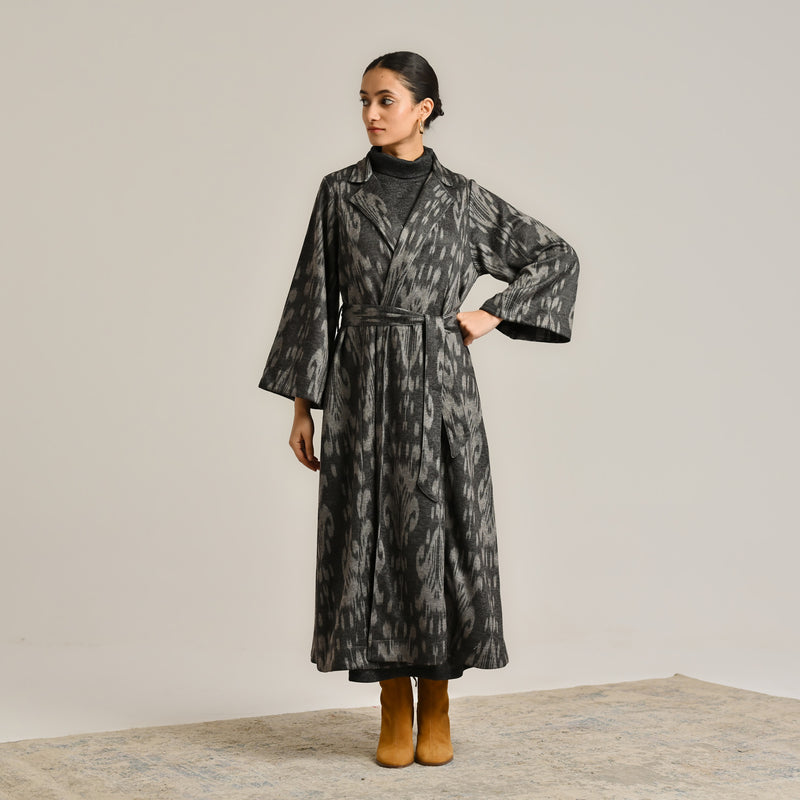 Black Woollen Statement Trench Coat with Belt Detail