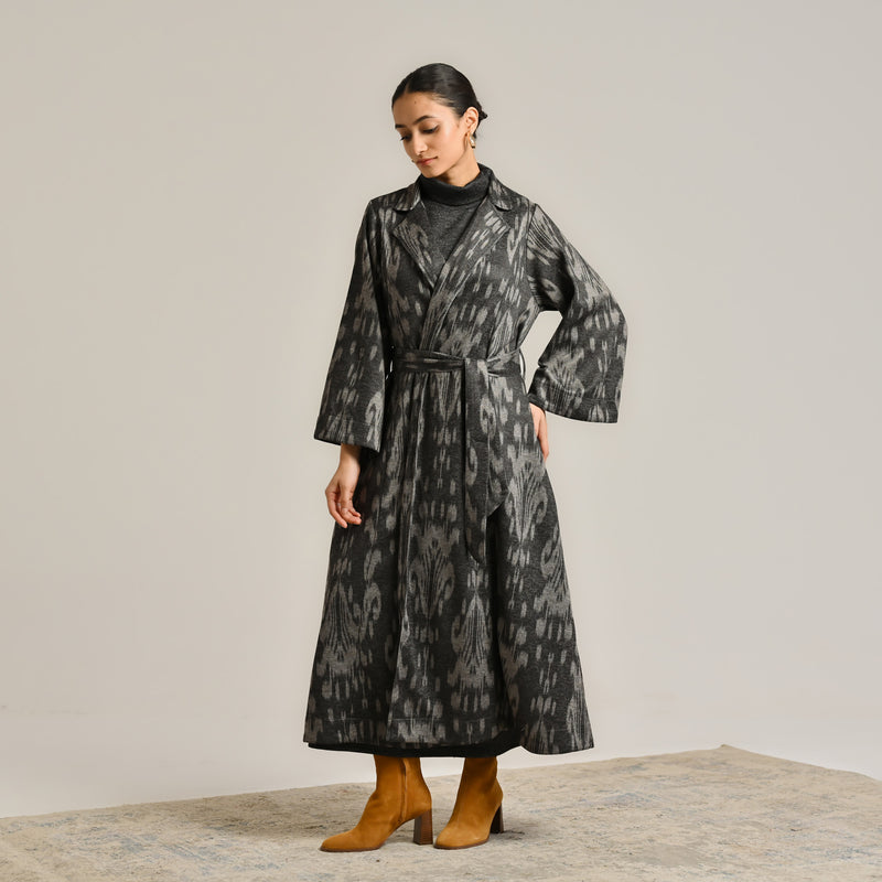 Black Woollen Statement Trench Coat with Belt Detail