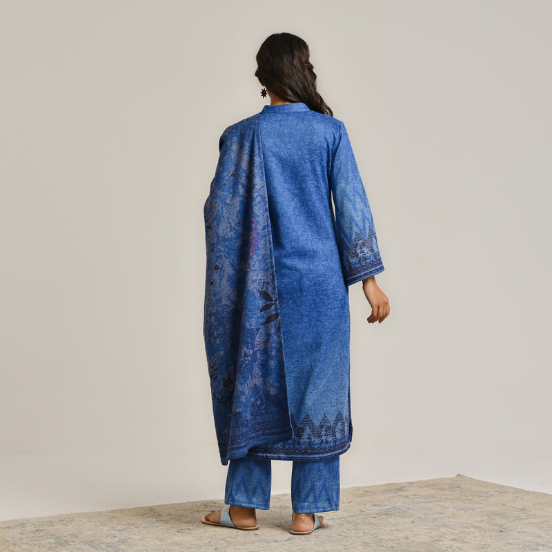 Blue Contemporary Woollen Kurta Set with Dupatta