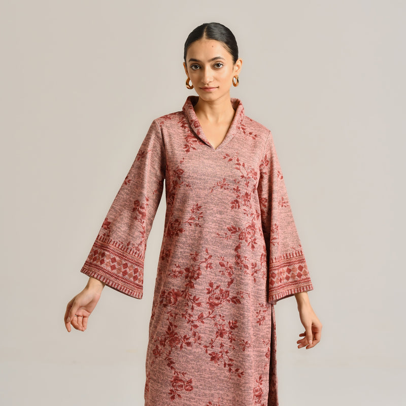 Peach Contemporary Woollen Kurta Set with Shawl Collar