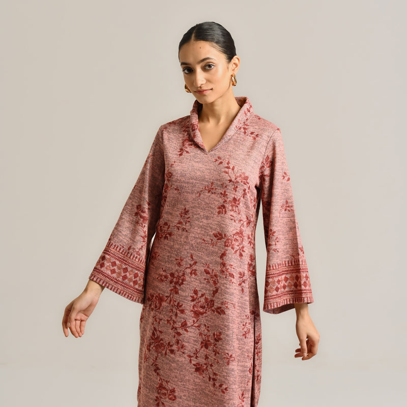 Peach Contemporary Woollen Kurta Set with Shawl Collar