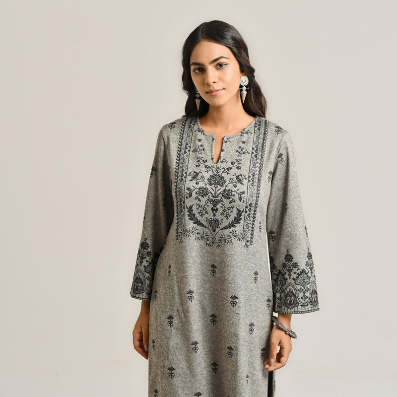 Grey Contemporary Embroidered Woollen Kurta Set with Dupatta