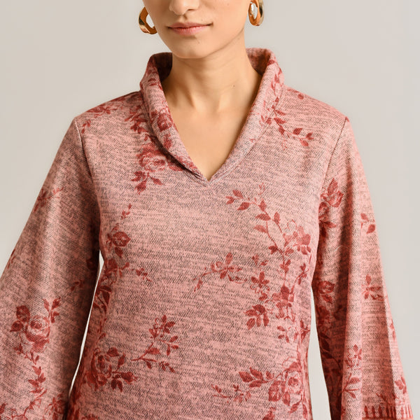 Peach Contemporary Woollen Kurta with Shawl Collar