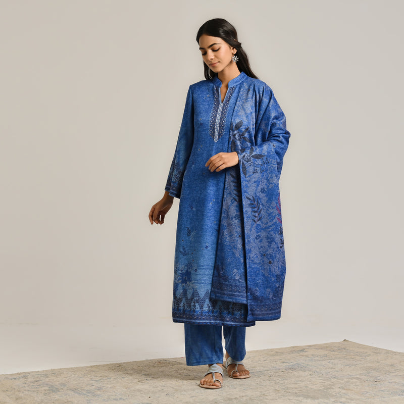 Blue Contemporary Woollen Kurta Set with Dupatta