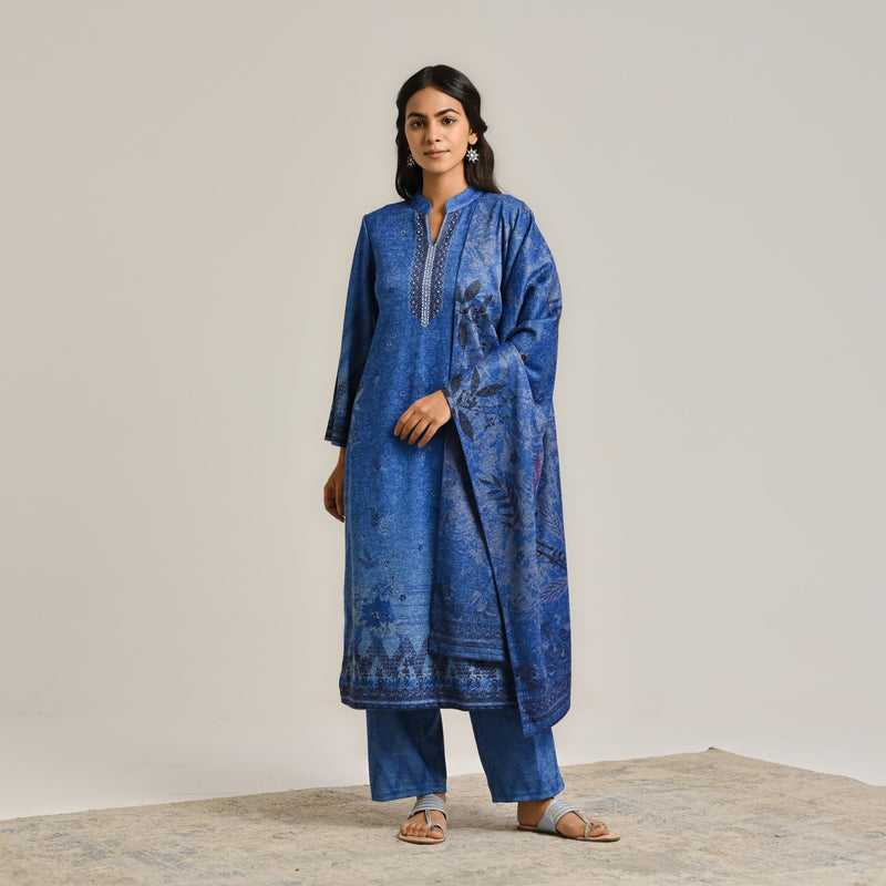 Blue Contemporary Woollen Kurta Set with Dupatta