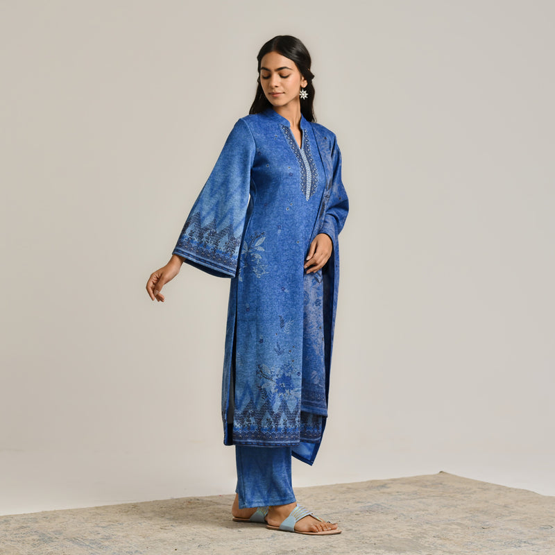 Blue Contemporary Woollen Kurta Set with Dupatta