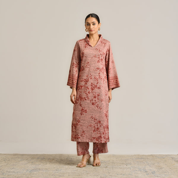 Peach Contemporary Woollen Kurta Set with Shawl Collar