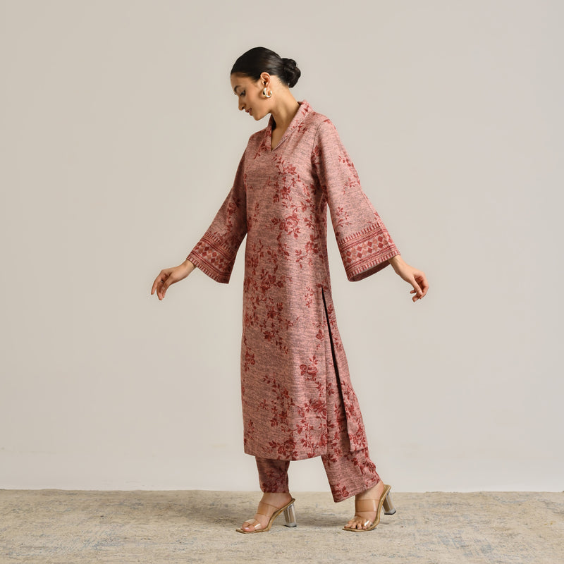 Peach Contemporary Woollen Kurta Set with Shawl Collar