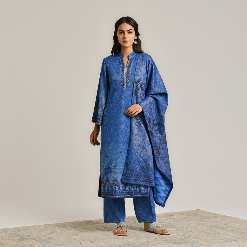 Blue Contemporary Woollen Kurta Set with Dupatta