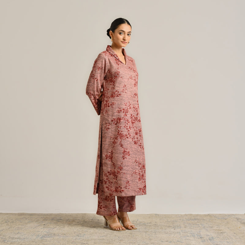 Peach Contemporary Woollen Kurta Set with Shawl Collar