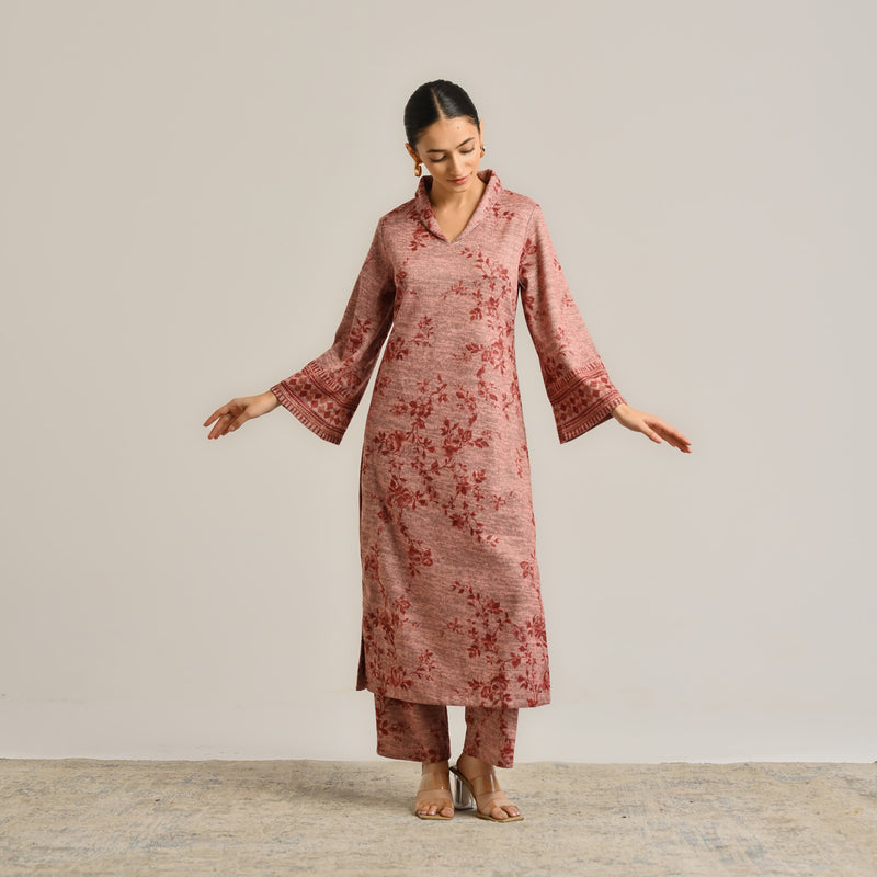 Peach Contemporary Woollen Kurta Set with Shawl Collar