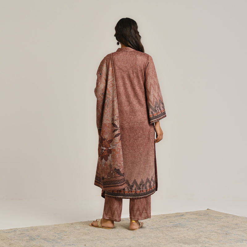 Brown Contemporary Woollen Kurta Set with Dupatta