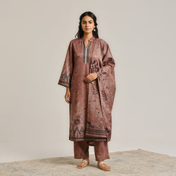 Brown Contemporary Woollen Kurta Set with Dupatta