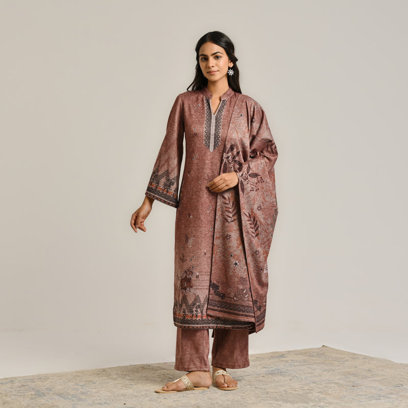 Brown Contemporary Woollen Kurta Set with Dupatta