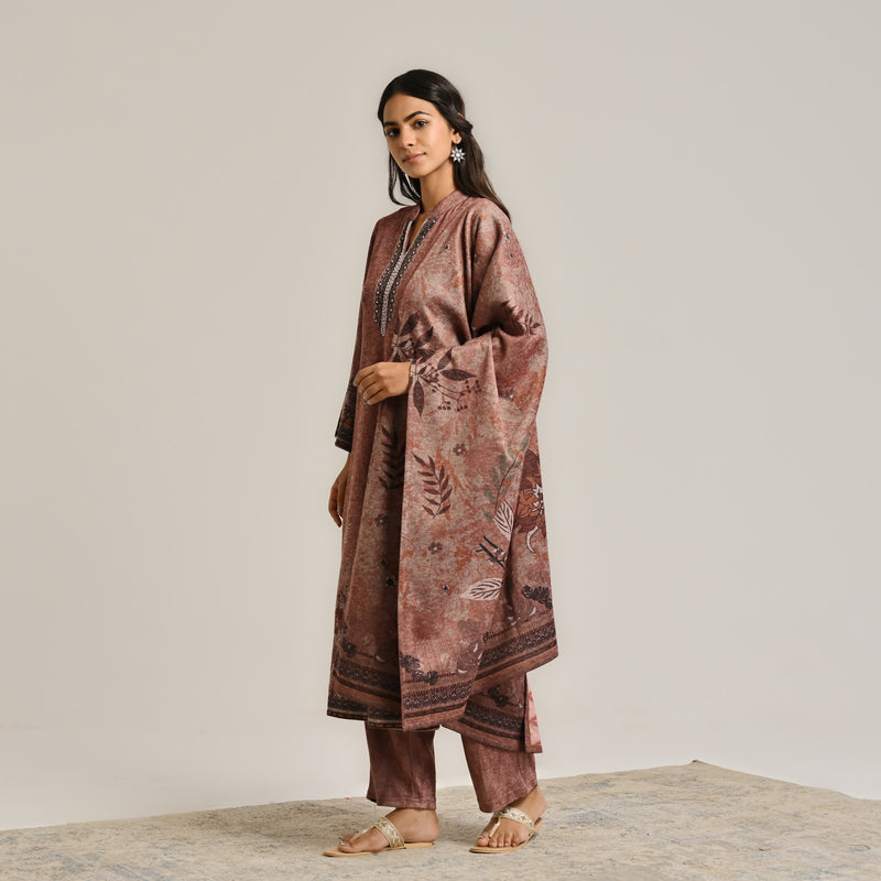 Brown Contemporary Woollen Kurta Set with Dupatta