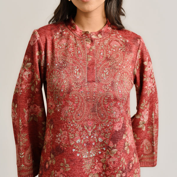 Maroon Kashmiri Inspired Woollen Kurta with Embroidery Detail