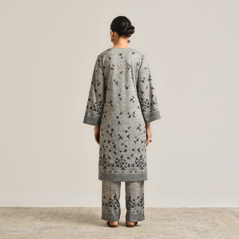 Grey Contemporary Woollen Kurta with Lace Detail