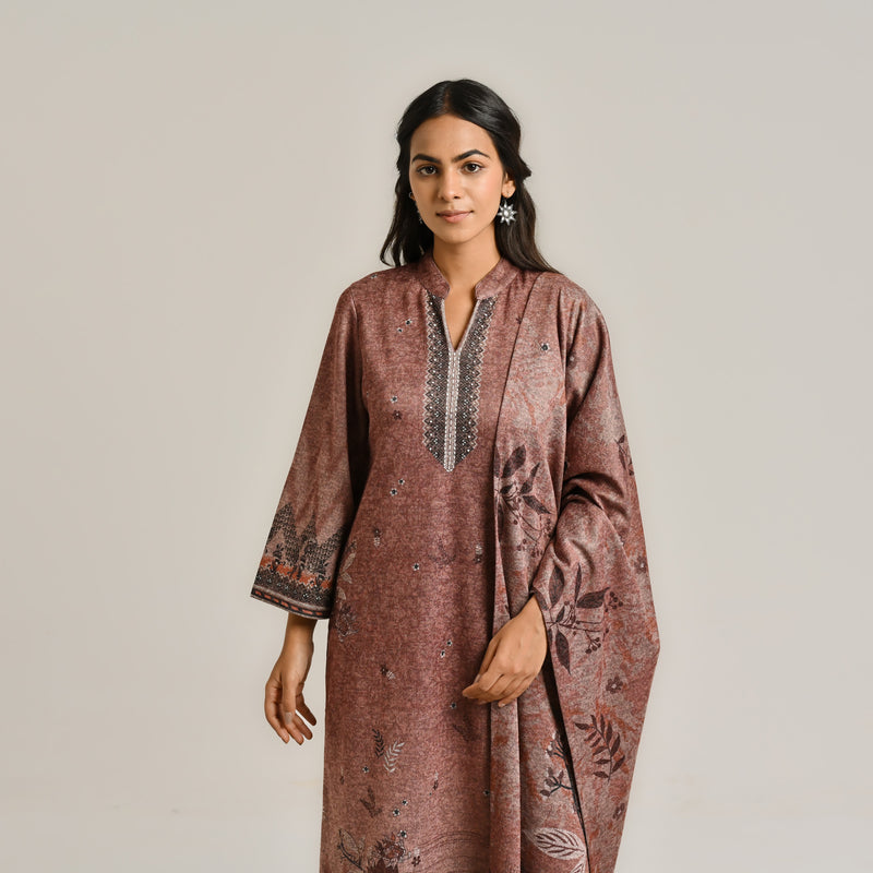 Brown Contemporary Woollen Kurta Set with Dupatta