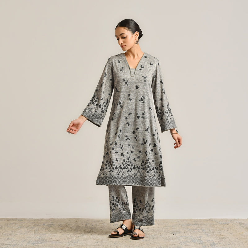 Grey Contemporary Woollen Kurta Set with Lace Detail